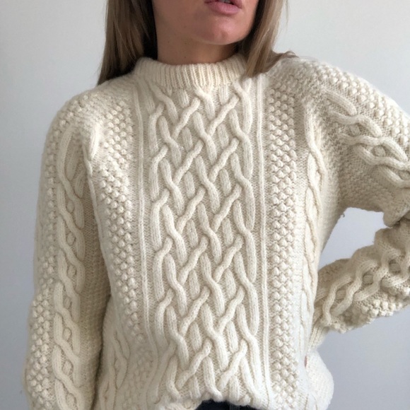 SOLD// Handmade Wool Fisherman’s Crewneck Sweater in Cream - Picture 4 of 9